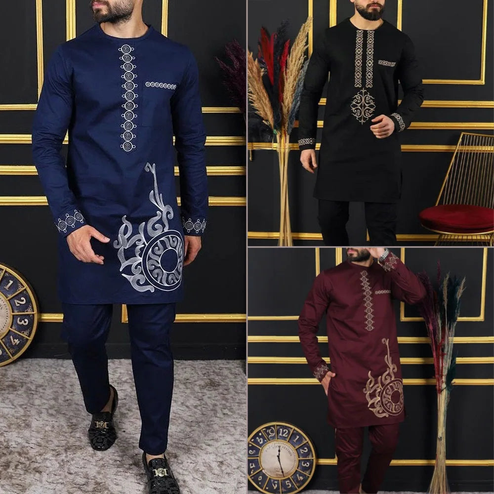 New In Dashiki 2 Pieces Sets Abaya Men's Clothing Shirt Pant Set Long Sleeve Elegant African Ethnic Style Round Neck Suit Kaftan