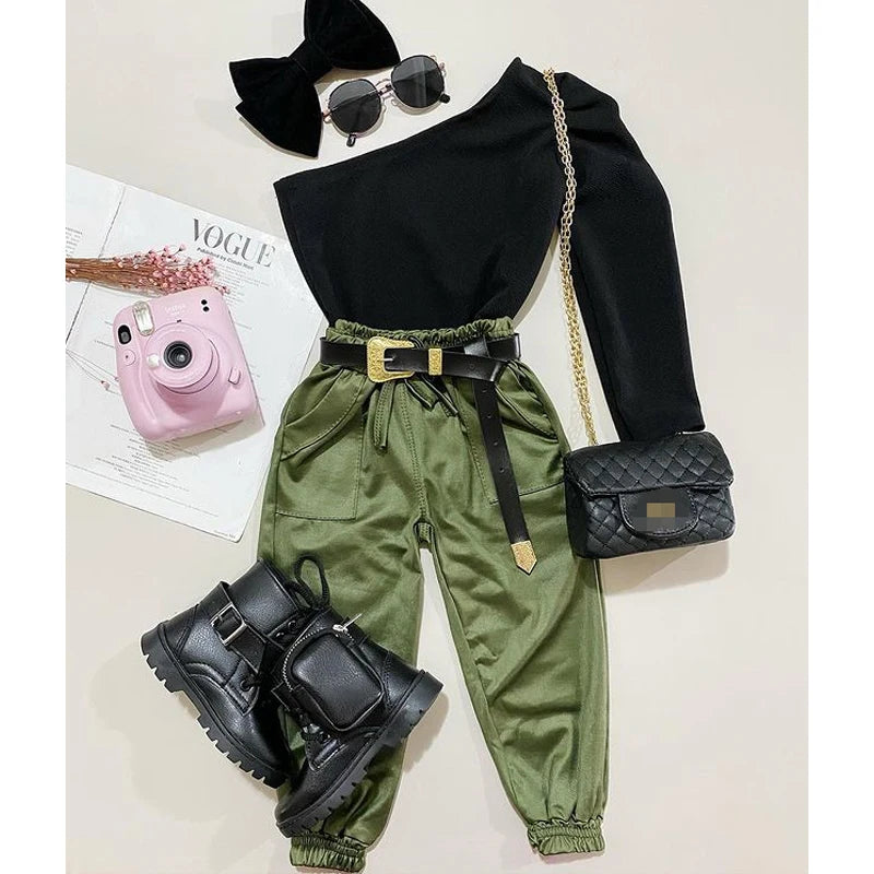 2-7Y Kids Girls Fashion Clothes Sets Baby One Shoulder Long Sleeve T-shirt + Pocket Loose Pants Summer Autumn Children Outfits