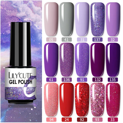 LILYCUTE 7ml UV Nail Gel Purple Glitter Series Nail Gel Semi Permanent UV LED Base MatteTop Coat For Painting Nail Art Gel Polis