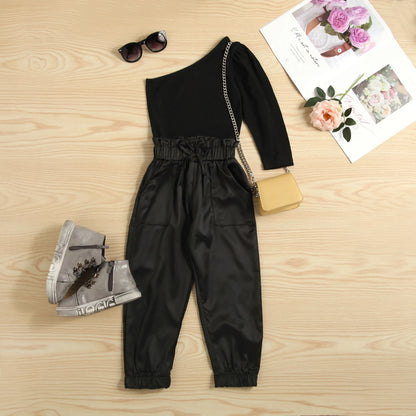 2-7Y Kids Girls Fashion Clothes Sets Baby One Shoulder Long Sleeve T-shirt + Pocket Loose Pants Summer Autumn Children Outfits