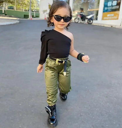 2-7Y Kids Girls Fashion Clothes Sets Baby One Shoulder Long Sleeve T-shirt + Pocket Loose Pants Summer Autumn Children Outfits