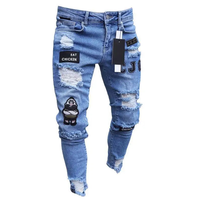 New Men's Sweatpants Sexy Hole Jeans Pants Casual Autumn Male Ripped Skinny Stretch Trousers Slim Biker Blue Pencil Pants S-3XL