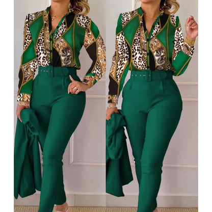 Fashion Printed Long Sleeved Shirt Women Suit Spring Autumn Slim Fit Shirtlace Up Pencil Pants Elegant Female Office 2 Piece Set