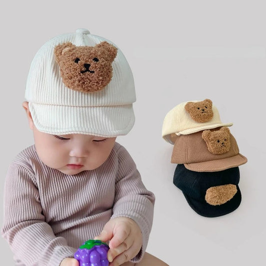 Kids Baseball Cap Cartoon Bear Boys Girls Corduroy Peaked Caps Korean Solid Color Soft Brim Adjustable Infant Toddler Sun Hat 모자