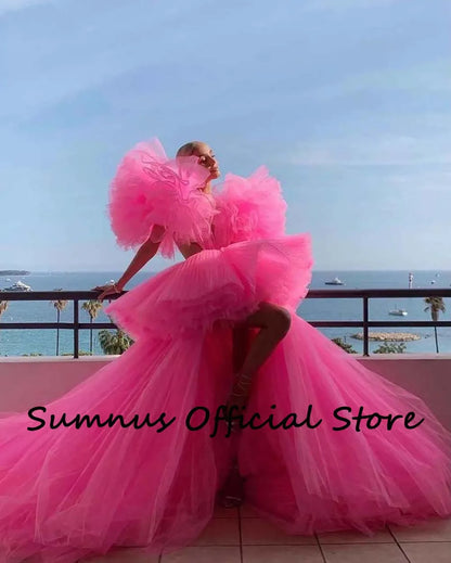 Pink Prom Dresses Deep V Neck High Low Special Occasion Fashion Gowns Backless Sexy Pageant Dress Tiered Tulle Long Prom Gown