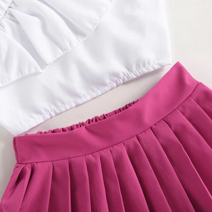 1-6Y Fashion Children Baby Girls Clothes Set Solid Color Sleeveless Ruffle Tank Tops + Pleated Skirt 2pcs Summer Outfit