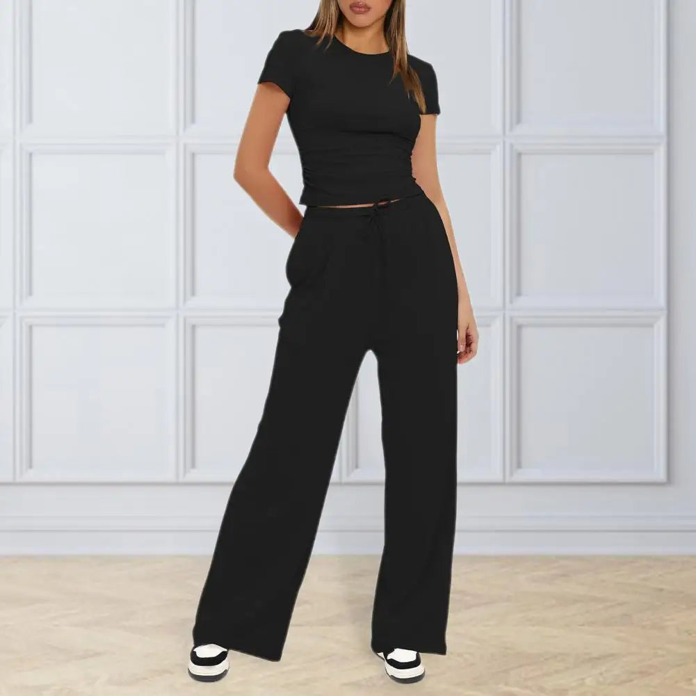 2024 Fashion Short Sleeve Leggings Outfits Suit Tracksuit Slim Crop Tank Top Wide leg Pant Set Bodycon 2Piece Women Top Pant Set