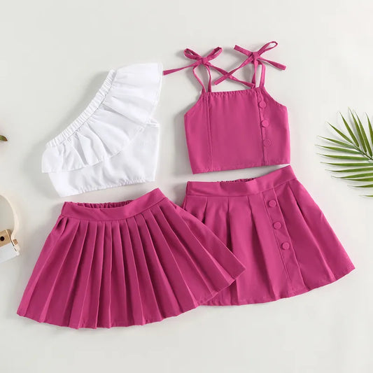 1-6Y Fashion Children Baby Girls Clothes Set Solid Color Sleeveless Ruffle Tank Tops + Pleated Skirt 2pcs Summer Outfit