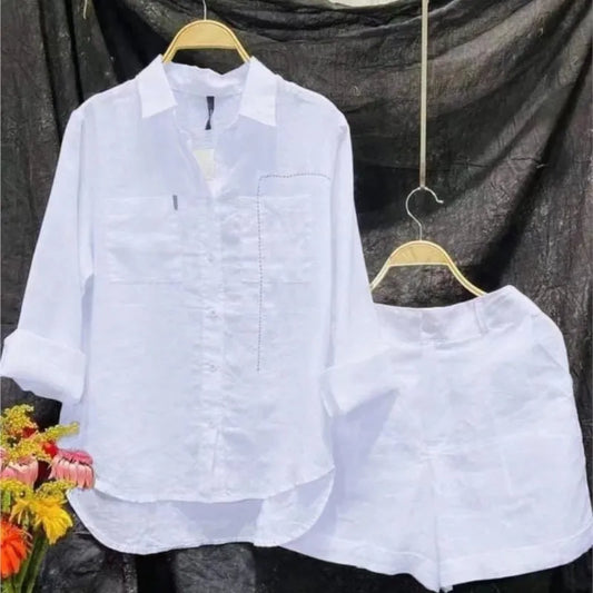 Summer Cotton Linen Casual Home 2 Piece Set For Women Fashion White Long Sleeve Shirt And Shorts Two Piece Sets Tracksuit 2024