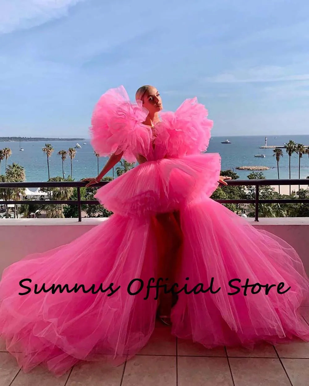 Pink Prom Dresses Deep V Neck High Low Special Occasion Fashion Gowns Backless Sexy Pageant Dress Tiered Tulle Long Prom Gown