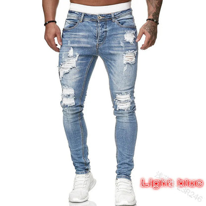 New Men's Sweatpants Sexy Hole Jeans Pants Casual Autumn Male Ripped Skinny Stretch Trousers Slim Biker Blue Pencil Pants S-3XL