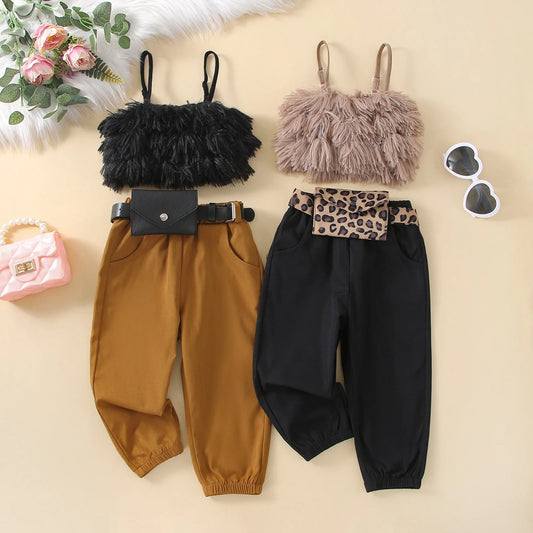 3 Pieces Baby Girls Summer Outfits, Furry Spaghetti Strap Tank Tops + Casual Long Pants + Waist Bag Set for Kids, 1-6 Years