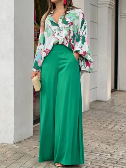 Autumn Floral Print Long Sleeve Shirt Top & High Waist Wide Leg  Pants Sets Women Spring Elegant Casual Two Piece Set Outfits