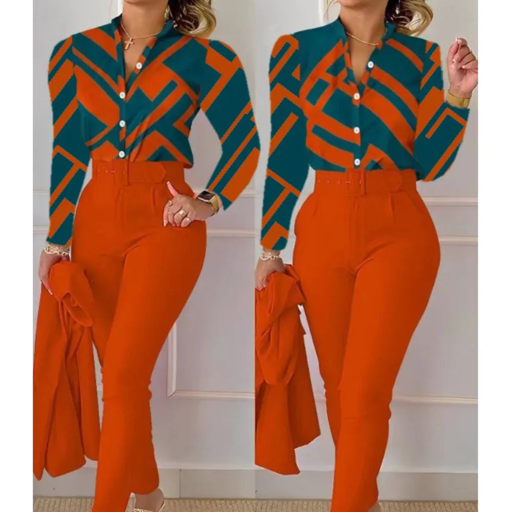 Fashion Printed Long Sleeved Shirt Women Suit Spring Autumn Slim Fit Shirtlace Up Pencil Pants Elegant Female Office 2 Piece Set