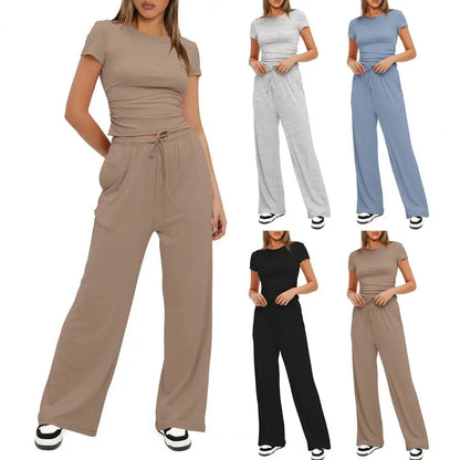 2024 Fashion Short Sleeve Leggings Outfits Suit Tracksuit Slim Crop Tank Top Wide leg Pant Set Bodycon 2Piece Women Top Pant Set