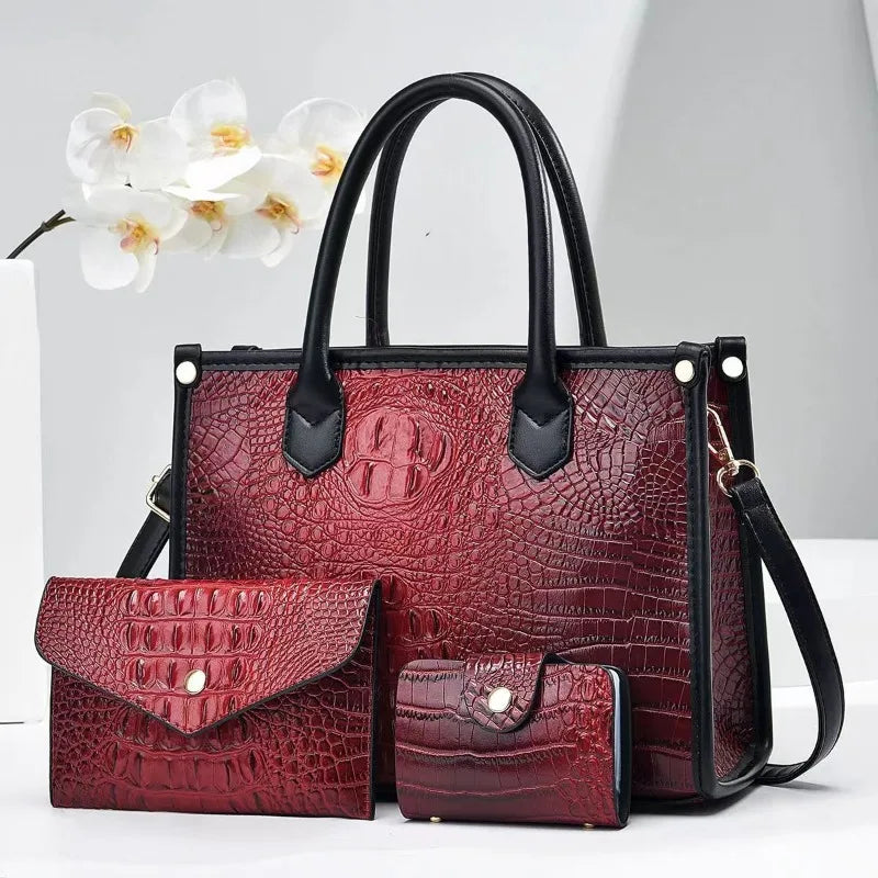 3 Pieces Sets Shoulder Bag for Women Retro Crocodile Pattern High Quality Leather Luxury Designer Crossbody Commute Tote Handbag