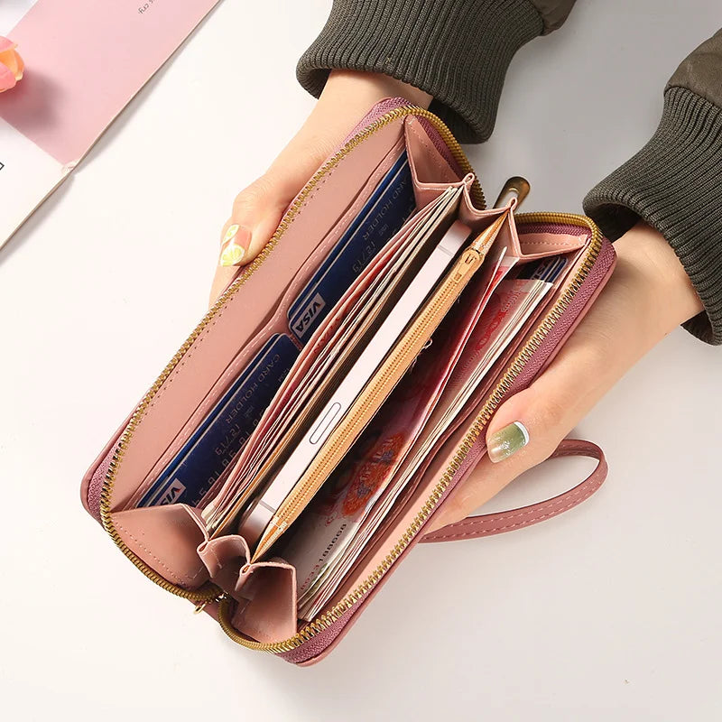 High Brand Pu Leather Long Wallets For Women Credit Card Holder Zipper Clutch Purses Heart Embroidery Money Bag Wallet