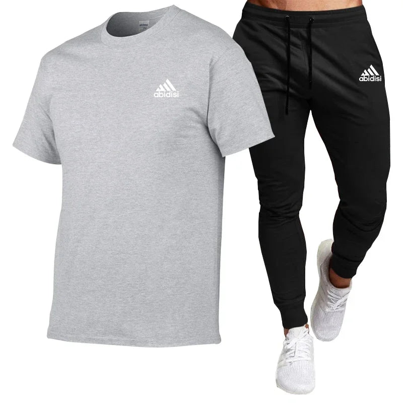 Men's summer fashion comfort clothing Cotton T-shirt short-sleeved top + black casual pants 2-piece fashion sportswear set