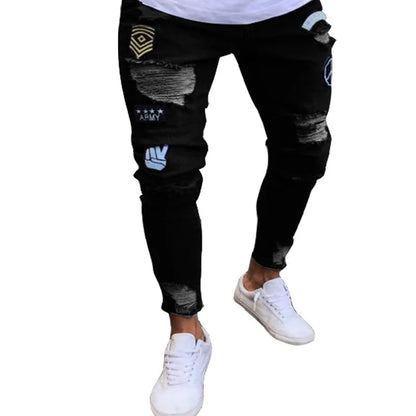 New Men's Sweatpants Sexy Hole Jeans Pants Casual Autumn Male Ripped Skinny Stretch Trousers Slim Biker Blue Pencil Pants S-3XL