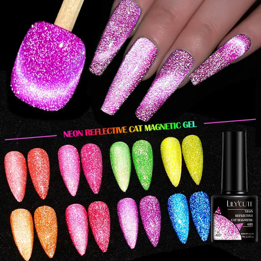 LILYCUTE 7ml Purple Fluorescent Reflective Glitter Cat Magnetic Gel Neon Gel Nail Polish Semi Permanent Nail Art UV Gel Polish