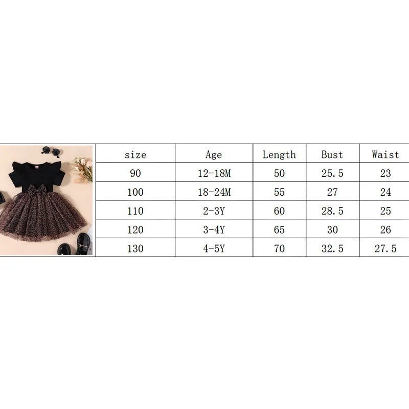 Kids Girls Casual Dress Summer Clothes 2023 Short Sleeve Leopard Printed Ruffled Bowknot Mesh Patchwork Dress