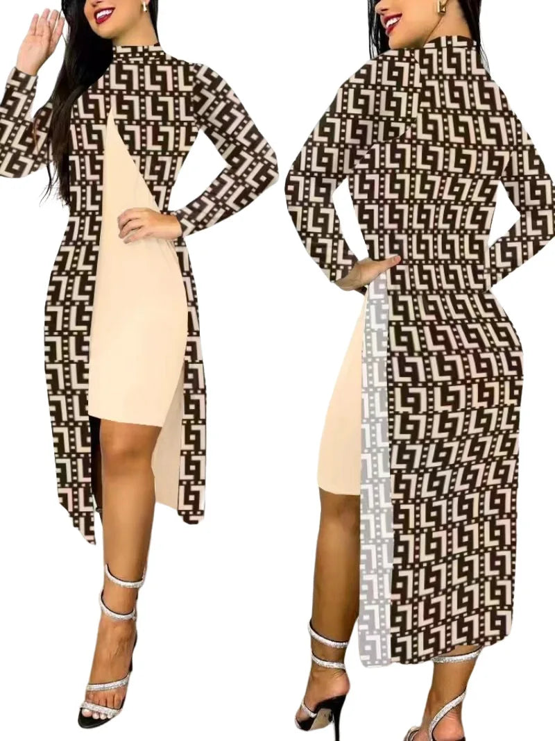 Two Piece Set Women Print Dresses Sets Full Sleeve Half High Collar Split Cardigan Dress Suits Elegant A Line Office Lady