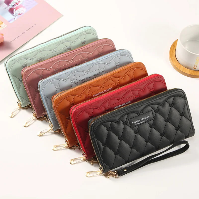 High Brand Pu Leather Long Wallets For Women Credit Card Holder Zipper Clutch Purses Heart Embroidery Money Bag Wallet