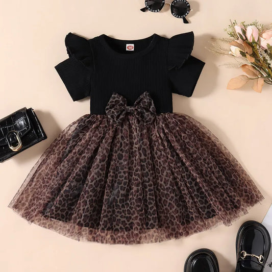 Kids Girls Casual Dress Summer Clothes 2023 Short Sleeve Leopard Printed Ruffled Bowknot Mesh Patchwork Dress