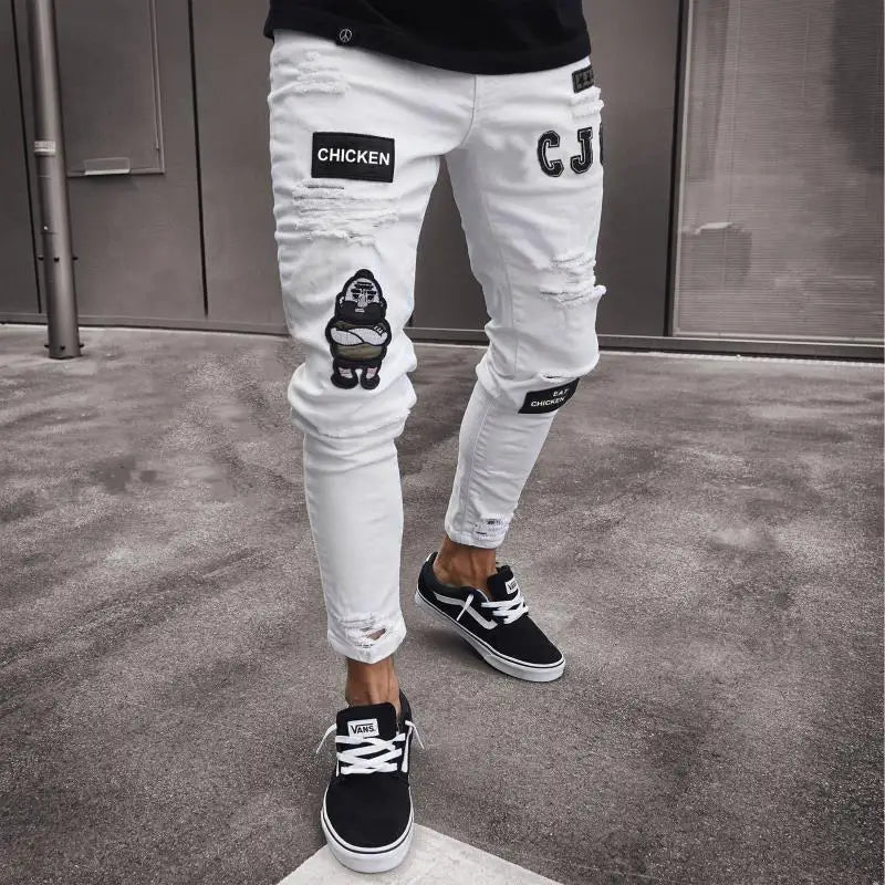 New Men's Sweatpants Sexy Hole Jeans Pants Casual Autumn Male Ripped Skinny Stretch Trousers Slim Biker Blue Pencil Pants S-3XL