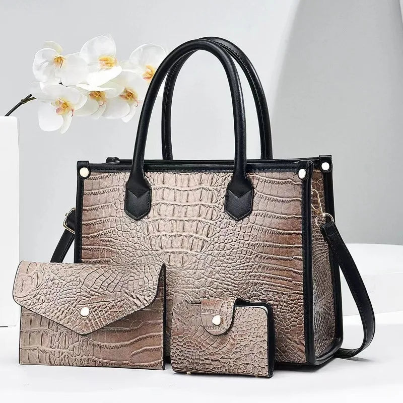 3 Pieces Sets Shoulder Bag for Women Retro Crocodile Pattern High Quality Leather Luxury Designer Crossbody Commute Tote Handbag