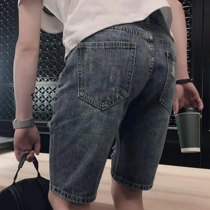 Summer Ripped Holes Denim Shorts Mid-rise Pockets Zipper Button Fly Straight Leg Knee Length Men Short Jeans Streetwear