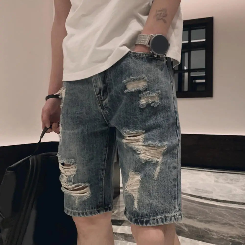 Summer Ripped Holes Denim Shorts Mid-rise Pockets Zipper Button Fly Straight Leg Knee Length Men Short Jeans Streetwear