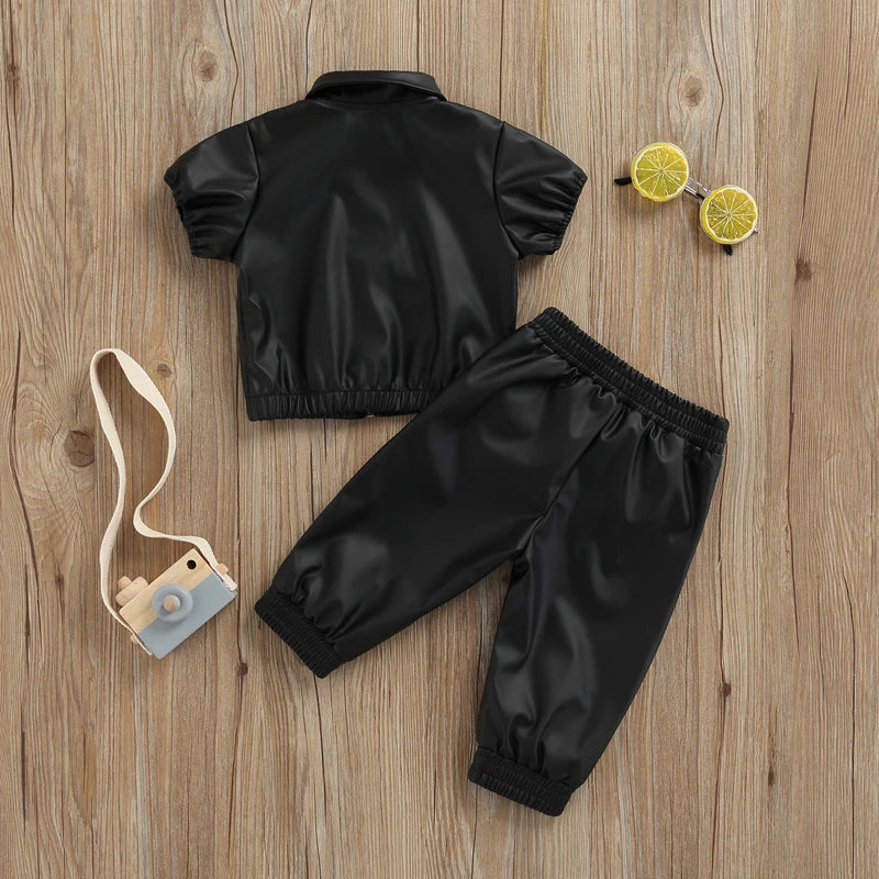 Fashion Girls Boys Clothes Set Spring Black Short Sleeve Leather Coat Top + Long Pants Children Kids 2pcs Clothing Set 1-6 Years