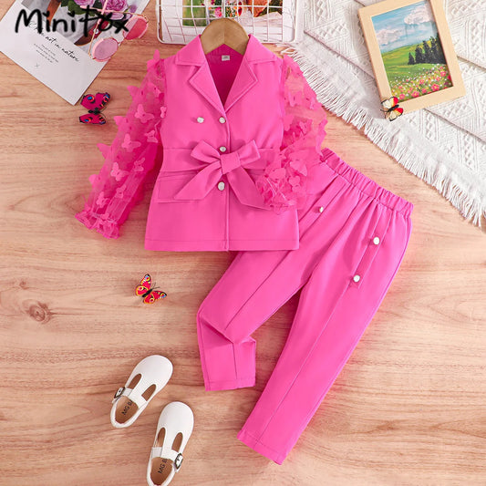 MiniFox Kids Clothes Girls Blazer Outfit Sets Butterfly Sleeve Blazer Top and Beading Pants and Summer Suit Set For Girls