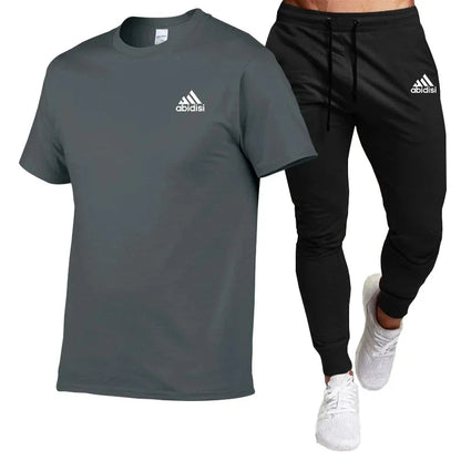 Men's summer fashion comfort clothing Cotton T-shirt short-sleeved top + black casual pants 2-piece fashion sportswear set