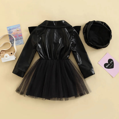 Toddler Kids Baby Girls Spring Autumn A-line Dress Long Sleeve Lapel PU Leather Tulle Patchwork Dress with Hat 3-7T