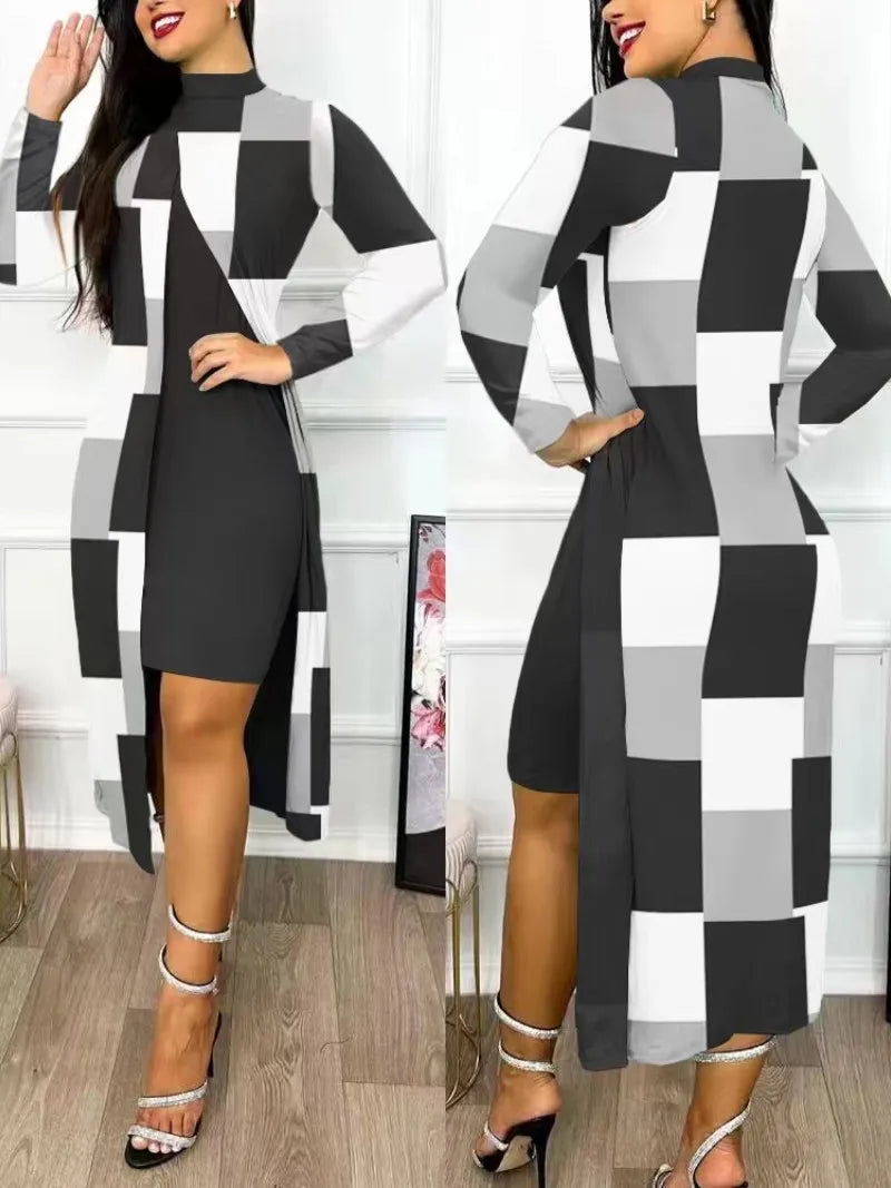 Two Piece Set Women Print Dresses Sets Full Sleeve Half High Collar Split Cardigan Dress Suits Elegant A Line Office Lady