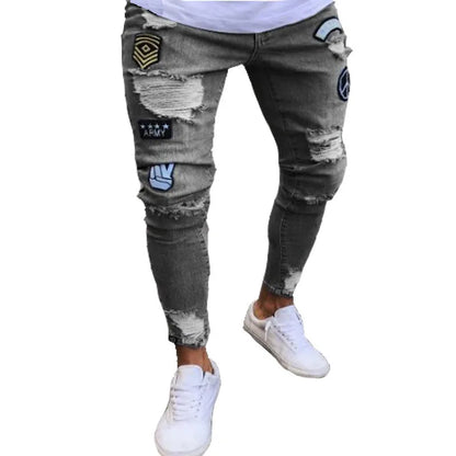 New Men's Sweatpants Sexy Hole Jeans Pants Casual Autumn Male Ripped Skinny Stretch Trousers Slim Biker Blue Pencil Pants S-3XL