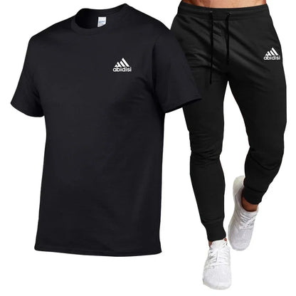 Men's summer fashion comfort clothing Cotton T-shirt short-sleeved top + black casual pants 2-piece fashion sportswear set