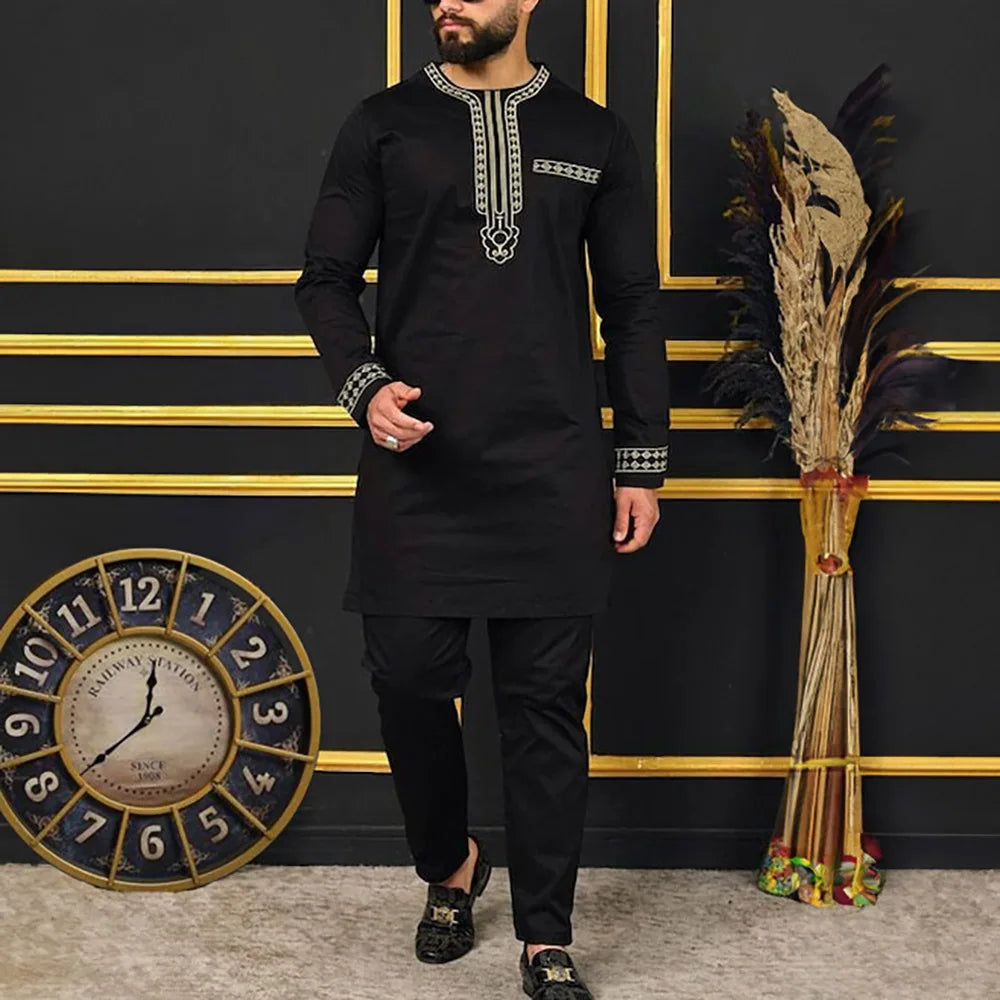 New In Dashiki 2 Pieces Sets Abaya Men's Clothing Shirt Pant Set Long Sleeve Elegant African Ethnic Style Round Neck Suit Kaftan