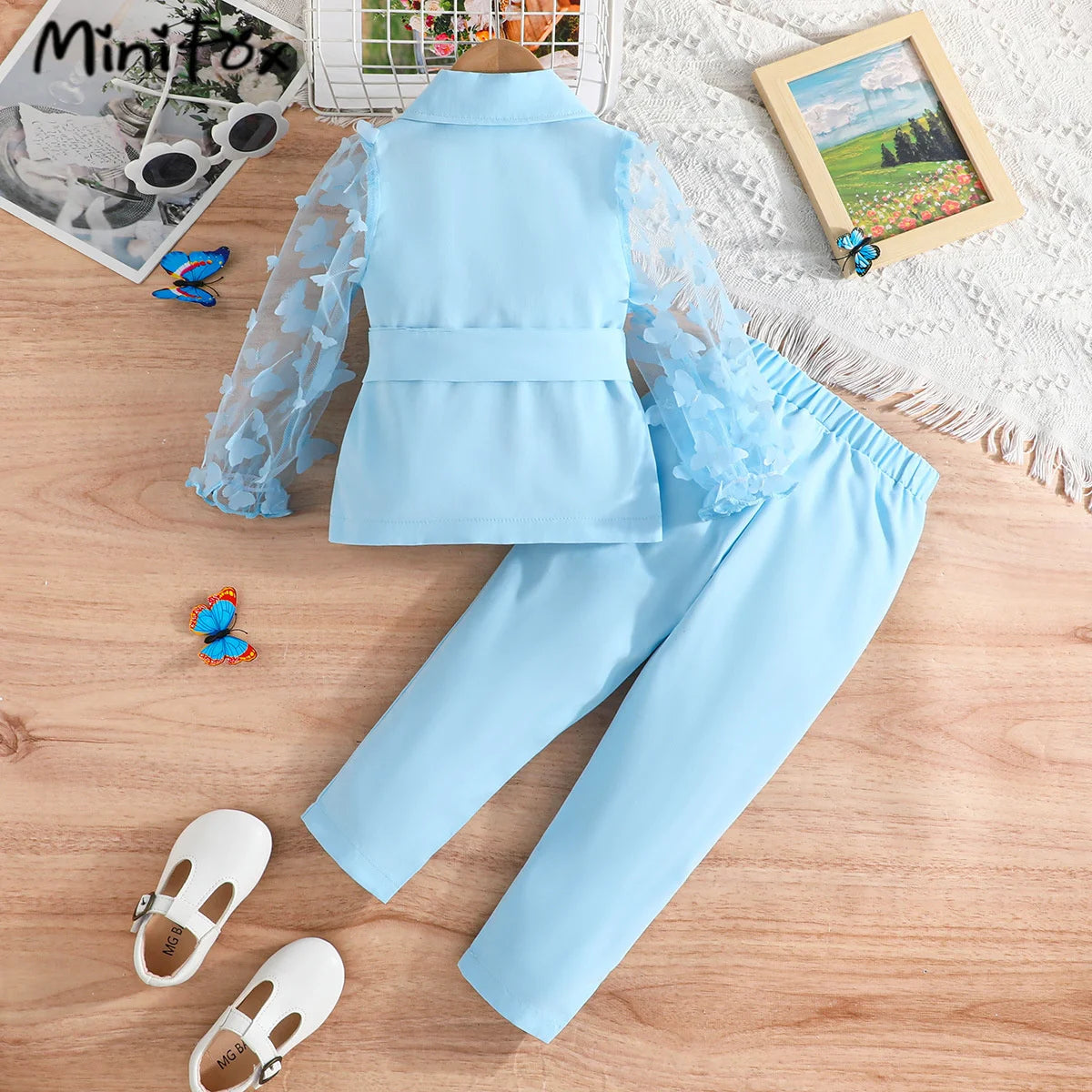 MiniFox Kids Clothes Girls Blazer Outfit Sets Butterfly Sleeve Blazer Top and Beading Pants and Summer Suit Set For Girls