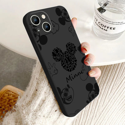 Mickey Minnie Mouse LOGO Reliefs Phone Case For Apple iPhone 15 14 13 12 11 XS XR X 8 7 Pro Max Plus mini Silicone Black Cover