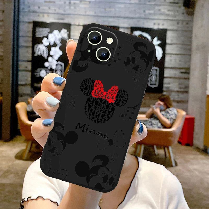 Mickey Minnie Mouse LOGO Reliefs Phone Case For Apple iPhone 15 14 13 12 11 XS XR X 8 7 Pro Max Plus mini Silicone Black Cover