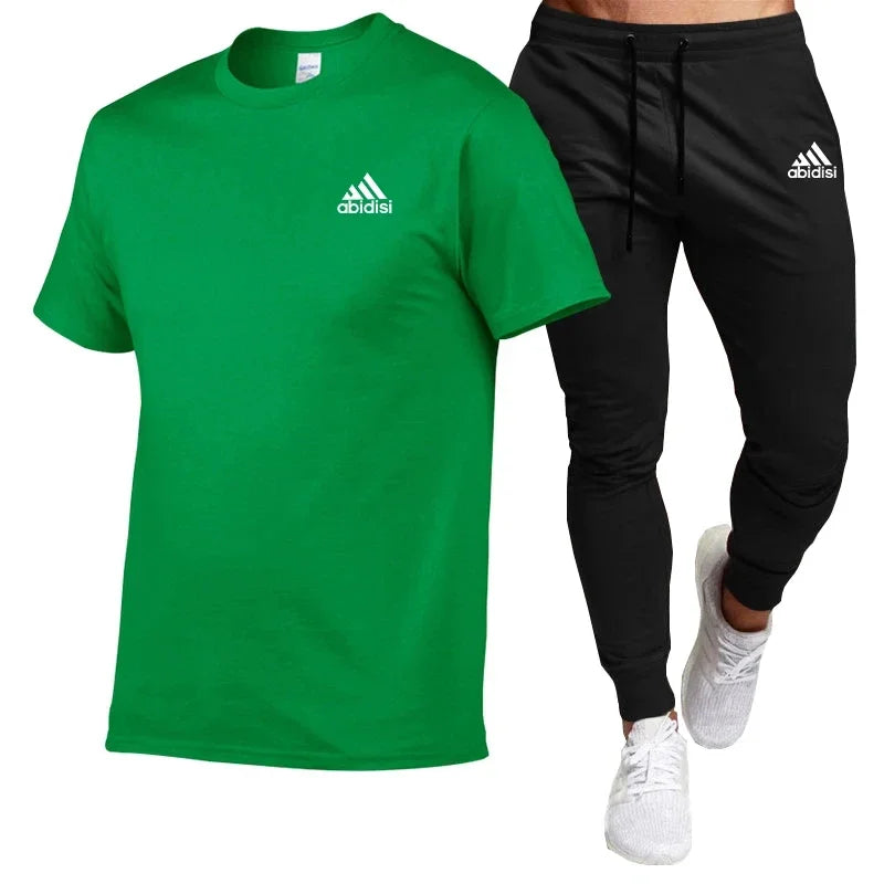 Men's summer fashion comfort clothing Cotton T-shirt short-sleeved top + black casual pants 2-piece fashion sportswear set