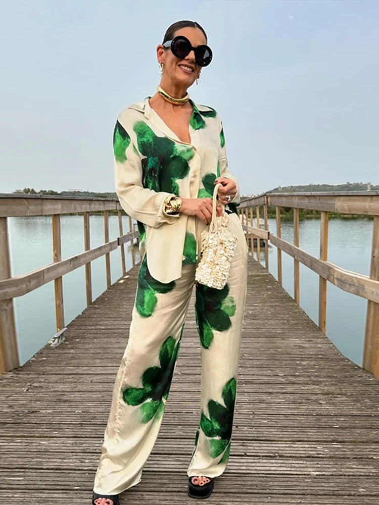 Fashion Flower Printed Long Pant Set for Women Elegant 2024 Spring Summer Long Sleeves Lapel Shirt Ladies Wide Leg Soft Trousers