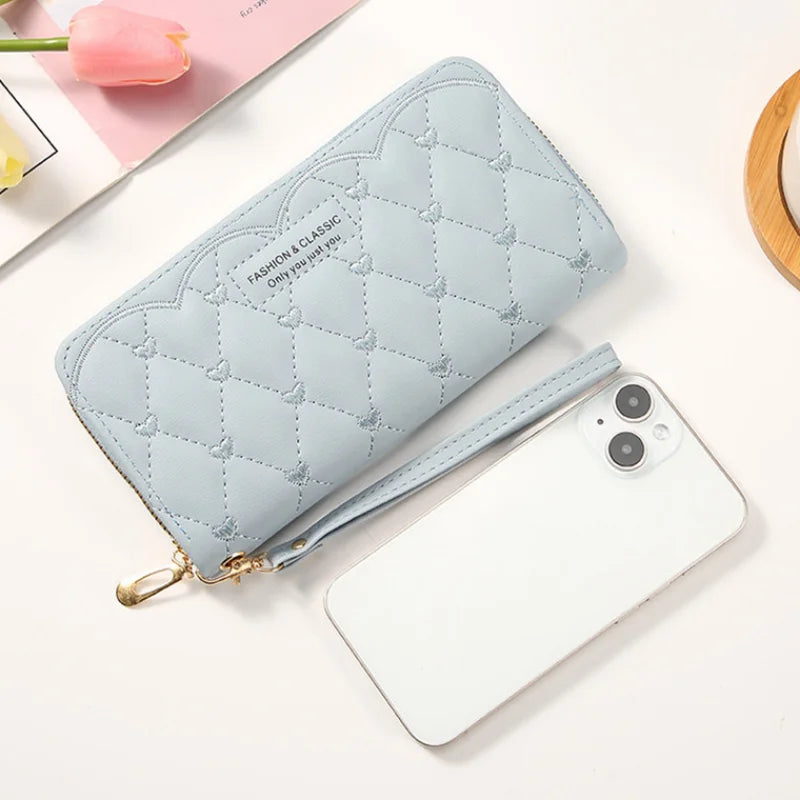 High Brand Pu Leather Long Wallets For Women Credit Card Holder Zipper Clutch Purses Heart Embroidery Money Bag Wallet