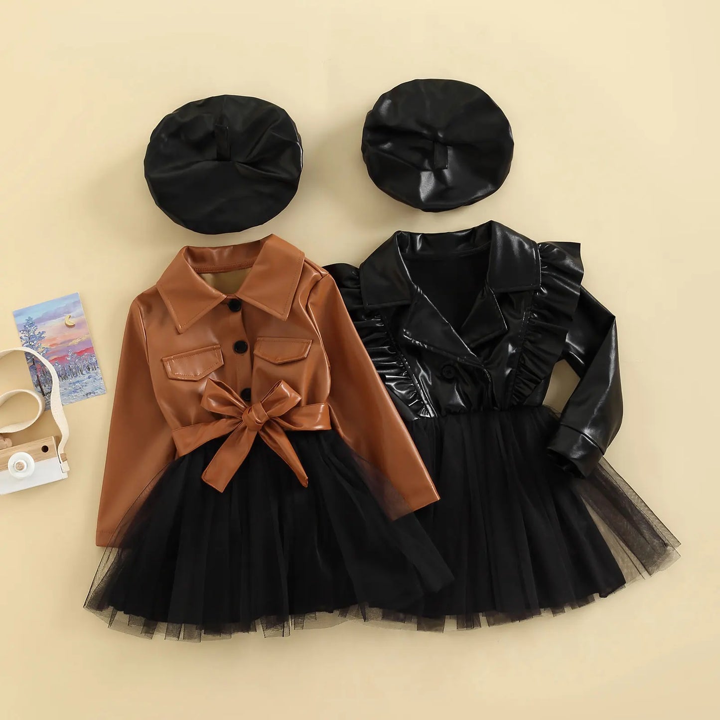 Toddler Kids Baby Girls Spring Autumn A-line Dress Long Sleeve Lapel PU Leather Tulle Patchwork Dress with Hat 3-7T