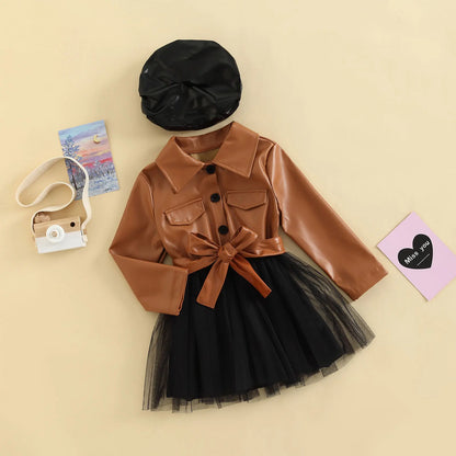 Toddler Kids Baby Girls Spring Autumn A-line Dress Long Sleeve Lapel PU Leather Tulle Patchwork Dress with Hat 3-7T