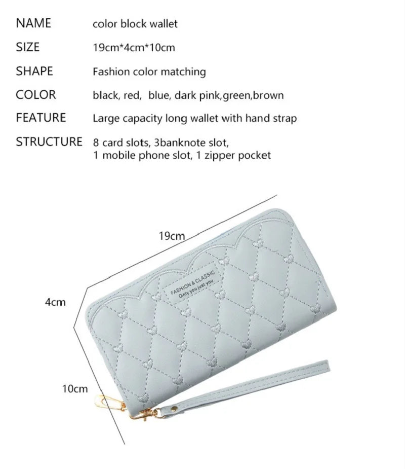 High Brand Pu Leather Long Wallets For Women Credit Card Holder Zipper Clutch Purses Heart Embroidery Money Bag Wallet