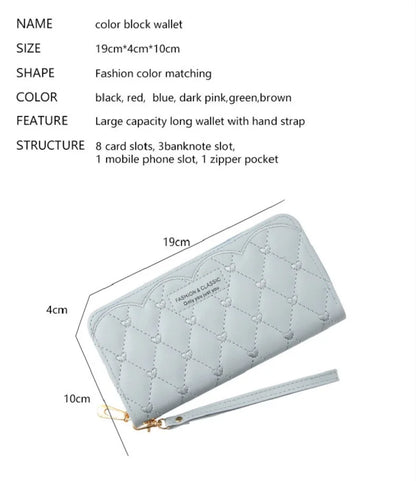 High Brand Pu Leather Long Wallets For Women Credit Card Holder Zipper Clutch Purses Heart Embroidery Money Bag Wallet